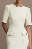 Ivory Crew Neck Short Pencil Work Dress with Sleeves