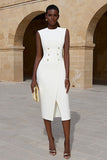 Ivory Midi Crew Neck Double Breasted Pencil Work Dress with Slit