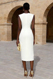 Ivory Midi Crew Neck Double Breasted Pencil Work Dress with Slit