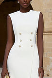 Ivory Midi Crew Neck Double Breasted Pencil Work Dress with Slit