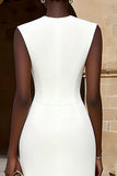 Ivory Midi Crew Neck Double Breasted Pencil Work Dress with Slit