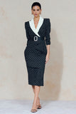 Navy and White Polka Dots Peak Lapel Midi Blazer Dress with Belt