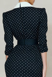 Navy and White Polka Dots Peak Lapel Midi Blazer Dress with Belt