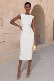 Ivory Crew Neck Pencil Midi Stylish Work Dress with Buttons