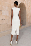 Ivory Crew Neck Pencil Midi Stylish Work Dress with Buttons