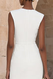 Ivory Crew Neck Pencil Midi Stylish Work Dress with Buttons