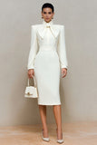 Ivory High Neck Pencil Long Sleeves Midi Work Dress with Bow