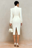 Ivory High Neck Pencil Long Sleeves Midi Work Dress with Bow