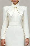 Ivory High Neck Pencil Long Sleeves Midi Work Dress with Bow