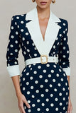 Navy and White Polka Dots Notched Lapel Pencil Midi Blazer Dress with Belt