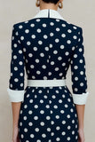 Navy and White Polka Dots Notched Lapel Pencil Midi Blazer Dress with Belt