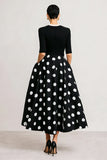 Black and White Polka Dots Long A Line Work Dress with Bow