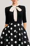 Black and White Polka Dots Long A Line Work Dress with Bow
