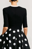 Black and White Polka Dots Long A Line Work Dress with Bow