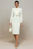 Ivory Long Sleeves Pencil Midi Work Dress with Bow