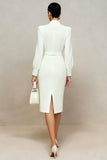Ivory Long Sleeves Pencil Midi Work Dress with Bow