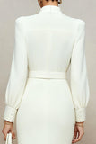 Ivory Long Sleeves Pencil Midi Work Dress with Bow