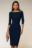 Navy Boat Neck Pencil Midi Work Dress with Slit
