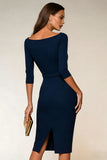 Navy Boat Neck Pencil Midi Work Dress with Slit