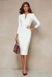 Ivory Pencil V-Neck Midi Work Dress with Slit