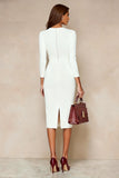 Ivory Pencil V-Neck Midi Work Dress with Slit