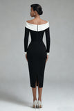 Black Pencil Off the Shoulder Midi Work Dress with Slit