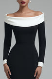 Black Pencil Off the Shoulder Midi Work Dress with Slit