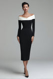Black Pencil Off the Shoulder Midi Work Dress with Sleeves