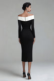 Black Pencil Off the Shoulder Midi Work Dress with Sleeves