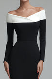 Black Pencil Off the Shoulder Midi Work Dress with Sleeves