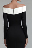 Black Pencil Off the Shoulder Midi Work Dress with Sleeves