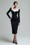 Black Square Neck Pencil Midi Work Dress with Slit