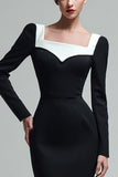 Black Square Neck Pencil Midi Work Dress with Slit