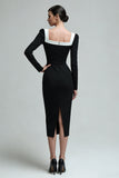 Black Square Neck Pencil Midi Work Dress with Slit