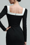 Black Square Neck Pencil Midi Work Dress with Slit
