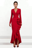 Red Ruffled Mermaid V Neck Asymmetrical Formal Dress with Sleeves
