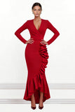Red Ruffled Mermaid V Neck Asymmetrical Formal Dress with Sleeves