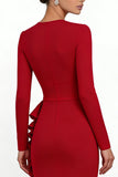 Red Ruffled Mermaid V Neck Asymmetrical Formal Dress with Sleeves
