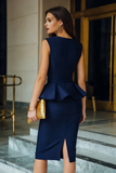 Navy Round Neck Pencil Midi Work Dress with Ruffles