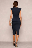 Navy Pencil Round Neck Midi Work Dress with Slit
