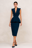 Navy Peak Lapel Ruffled V Neck Pencil Midi Blazer Dress with Slit