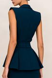 Navy Peak Lapel Ruffled V Neck Pencil Midi Blazer Dress with Slit