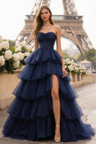 Navy Ruffled Princess Tiered Tulle Long Prom Dress with Slit