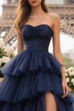 Navy Ruffled Princess Tiered Tulle Long Prom Dress with Slit