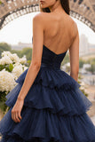 Navy Ruffled Princess Tiered Tulle Long Prom Dress with Slit