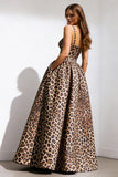 Brown Leopard Print A-Line Spaghetti Straps Long Prom Dress