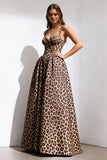 Brown Leopard Print A-Line Spaghetti Straps Long Prom Dress