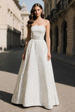 White and Black Polka Dots A-Line Strapless Long Prom Dress