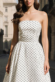 White and Black Polka Dots A-Line Strapless Long Prom Dress