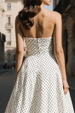 White and Black Polka Dots A-Line Strapless Long Prom Dress